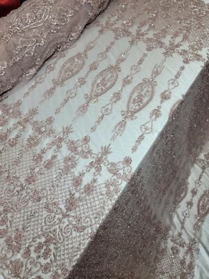Fabric Sold By The Yard Dusty Rose Beaded Lace Floral Flowers Embroidery Mesh  - Image 1 of 4