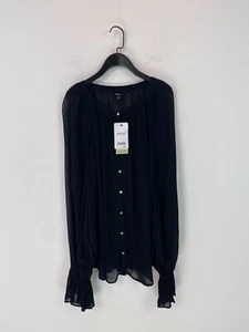 Next Black Button Front Blouse Round Neck Long Sleeve Sheer Cuff Detail Size 12 - Picture 1 of 10