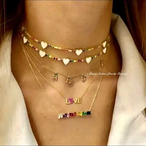 18k Gold Plated Multicolor Heart Tennis Necklace made w Swarovski Valentine Gift - Picture 1 of 25