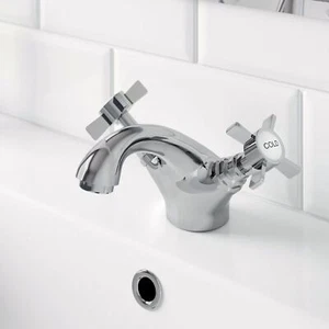 Traditional Bathroom Mono Basin Sink Mixer Tap Brass Chrome Crosshead Handles - Picture 1 of 9