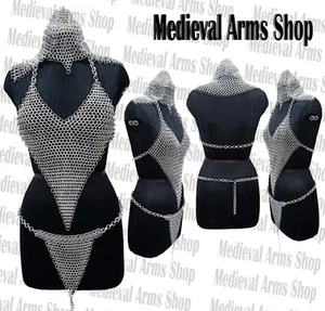 Conjunto de bikini de cota de malla top y braguita de aluminio con capucha de coifa disfraz con flecos LARP - Imagen 1 de 6