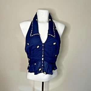 Free People May Floral Blue Embroidered Halter Top S P NWOT - Picture 1 of 8