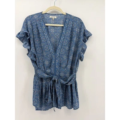 Blusa Top MAX STUDIO Azul Estampado Floral Cuello en V Corbata Cintura Volantes Manga XL Foto 1 de 4