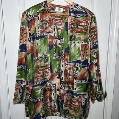 Vintage 80s Silk Button Up Blouse Tunic Large Multicolor Art to Wear Silks - Image 1 of 4