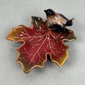 Ahorn Blattform Schmuck Schale mit Vogel Herbst Herbst Deko glasierte Keramik - Bild 1 von 4