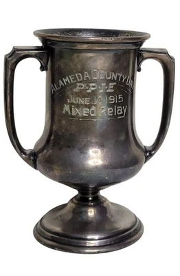 Trofeo de relevo mixto del día del condado de Alameda 1915 PPIE - placa de plata caña y cartón Foto 1 de 4