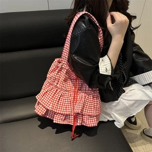 Summer Plaid Tote Bag With Ruffle Details For Casual Daily Use - Picture 1 of 14