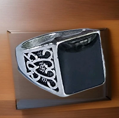 JUEGO BISEL CUADRADO ÓNIX NEGRO HOMBRE TALLA 9 NUEVA CALIDAD TITANIO GRABADO PLATA... Foto 1 de 4