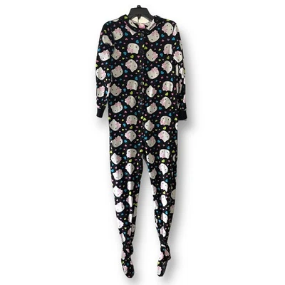 Hello Kitty Fleece Footed Pajamas Sleepwear Black Pink Hearts Womens Medium 7/9 - Image 1 of 4