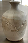 Studio Art Pottery Weed Pot Vase Incised Abstract Design Beige White Earth Tones