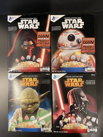 Star Wars Cereal Yoda, Darth Vader, BB-8, Kylo Ren. NIB, Unopened Cover