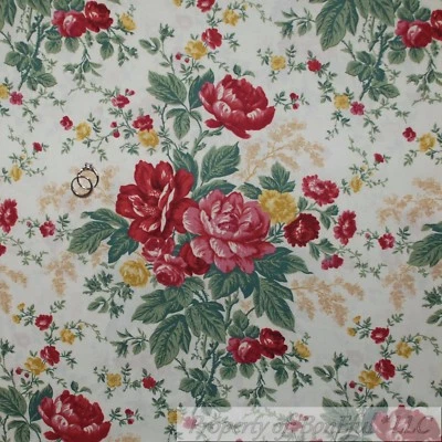 BonEful Fabric FQ Cotton Quilt VTG Cream Pink Red Old Rose Flower Garden Cottage - Image 1 of 4