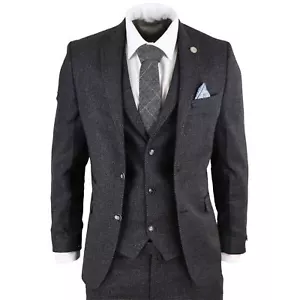 Mens Wool 3 Piece Suit Tweed Charcoal Black Tailored Fit Classic - Picture 1 of 8