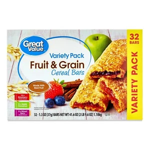 Great Value Fruit & Grain Cereal Bars, Variety Pack, 1.3 oz, 32 Count - Picture 1 of 9
