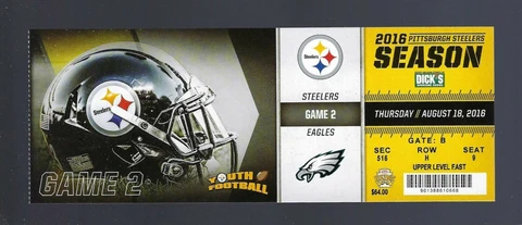 2016 NFL PHILADELPHIA EAGLES @ PITTSBURGH STEELERS FULL UNUSED FOOTBALL TICKET Cover