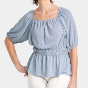 NEW Knox Rose Womens Short Sleeve Peasant Top Size MEDIUM Cinched Flowy NWT - Picture 1 of 11