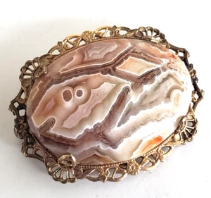 Vintage Gold Filled Lace Agate Oval Faux Filigree Pin 1-3/16" - Picture 1 of 8