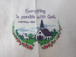Completed Cross Stitch Everything is Possible with God 8.5 x 8.75 Faith Church - Picture 1 of 3