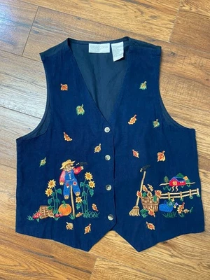 Vtg Embroidered Granny Fall Leaves Harvest Vest Sz M 100% Cotton Thanksgiving - Image 1 of 4