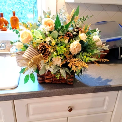 Peonies Pinecones Gold and Green Winter Greenery With Gold And Cream Bows - Image 1 of 4