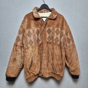 Vintage Azteken Mantel Herren XXL Wildlederimitat hellbraun Strickeinsätze 80er Jahre durchgehender Reißverschluss - Bild 1 von 7