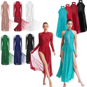 Damen Lyrisches Tanzkostüm glänzend Strass Split Kleid Performance Kleidung - Bild 1 von 100