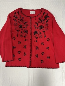 Vintage Carolina Colours Sweater Womens 22W Red Embroidered Beaded Plus Ramie - Picture 1 of 10