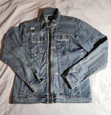 Jaqueta jeans Forever 21 masculina XS azul desgastada zíper completo manga longa - Imagem 1 de 4