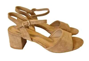 Ladies Sandals Mid Block Heel Peep Toe strappy suedette Ankle Strap Shoes - Picture 1 of 13