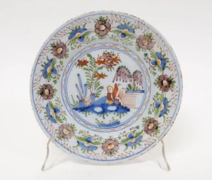 Antique 18thC Dutch Delft Pottery Polychrome Plate Dish - Picture 1 of 4
