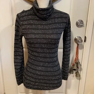Kenneth Knits thin metallic sliver black stripped cowl turtleneck sweater S/M - Picture 1 of 7