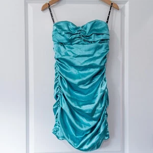Junior's Short Strapless Teal Ruched Party Cocktail Dress Size 5 Love Tease - Picture 1 of 4