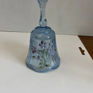 Fenton Hand Painted Signed by Artist T. Kelley Blue Glass Flowers Ribbed BellEUC - Picture 1 of 6