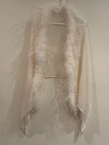 Vintage Bernie of New York 100% Silk Off-White ShearChiffon Shawl w/Feather Trim - Picture 1 of 20