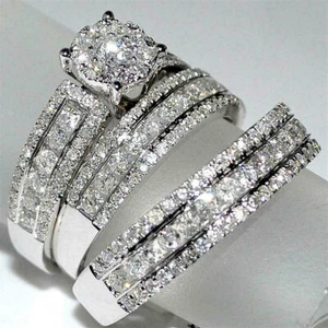 4CT Simulated His Her Engagement Wedding Trio Ring Set 14K White Gold Plated - Picture 1 of 8