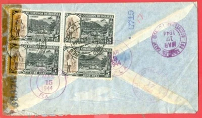 Bolivia Air Mail 5 Bs Block of 4 on HOTEL Advertising Registered Censor cover US - Image 1 of 2