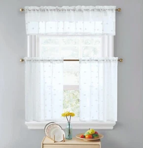 Cafe Curtains Set, White, Pom Poms, Includes 2 Panels & Valence, Semi-Sheer, NEW - Picture 1 of 5