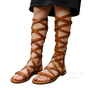 Sixty Seven Tan Leather Knee High Gladiator Zip Back Spain Sandals Sz 40 US 9.5 - Picture 1 of 12