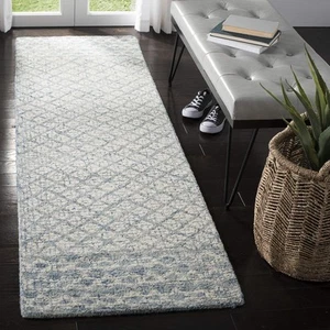 Abstract Collection Runner Rug - 2'3" x 12', Blue & Ivory, Handmade Wool, Ide... - Picture 1 of 4