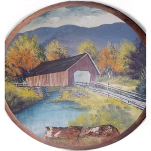 13” Hand Painted Wooden Bowl Wall Hanger Covered Bridge Vintage - Picture 1 of 17
