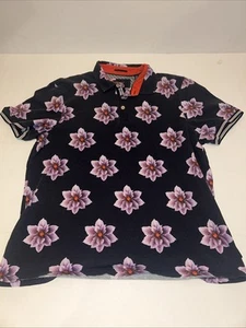 Ted Baker London Polo Shirt Mens 4 Navy Floral Printed Cotton Short Sleeve - Picture 1 of 10