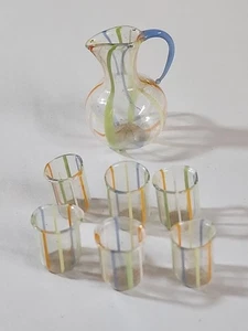 Vintage Puppenstubenkrug gestreift und 6 Trinkbecher - Bild 1 von 8