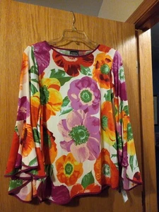 Womens Coco Bianco Floral Blouse Med 26 Long 18 Armpit Tropical Long Sleeve Boho - Picture 1 of 9
