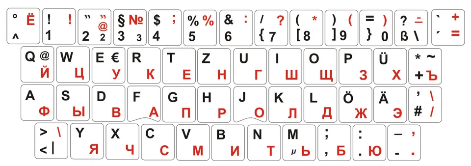 Deutsch-Russische Tastaturaufkleber Schriften schwarz-rot, weisser Hintergrund - Bild 1 von 1