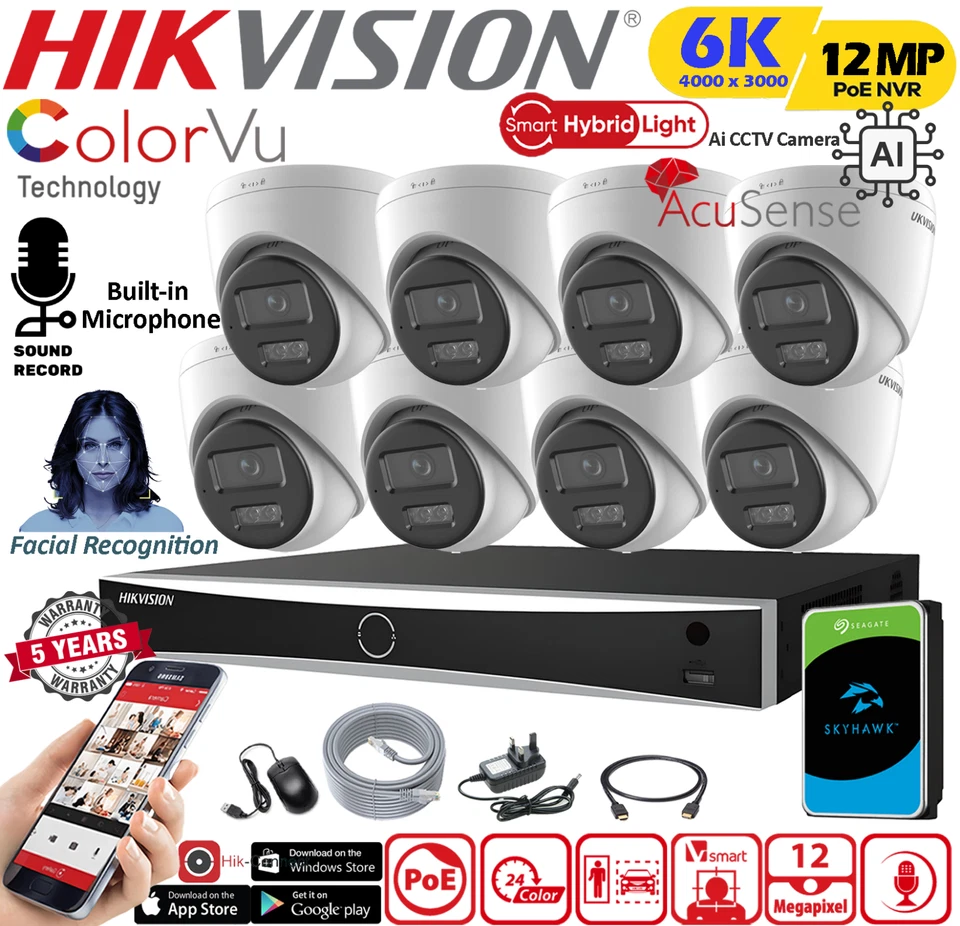 HIKVISION 12MP ColorVu Night Vision CCTV Camera System Audio Mic 8-CH POE IP NVR - Image 1 of 4