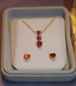 Vintage Synthetic Ruby Heart Necklace and Earrings. - Picture 1 of 2