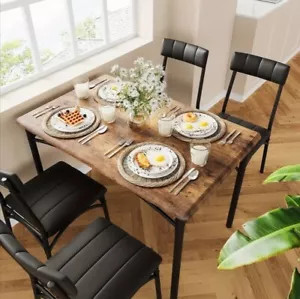 Mesa de comedor rústica moderna de metal y madera para 4 personas de 5 piezas con 4 sillas de cuero - Imagen 1 de 7