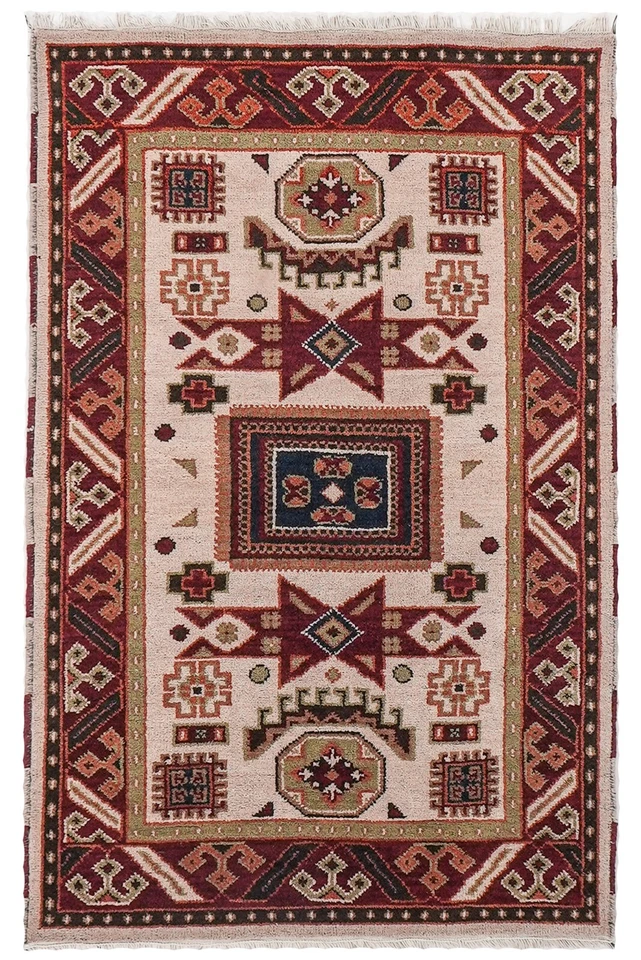 Alfombra afgana anudada a mano de lana y seda oriental crema borgoña BBH BBAF0102 Foto 1 de 1