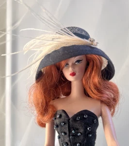Doll Straw Hat for Silkstone Barbie Poppy Parker black cream feather diamond - Picture 1 of 5