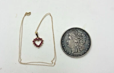 Vintage 14K Yellow Gold Pink Tourmaline or Ruby Gem Heart Pendant 18in Long D5 - Image 1 of 4